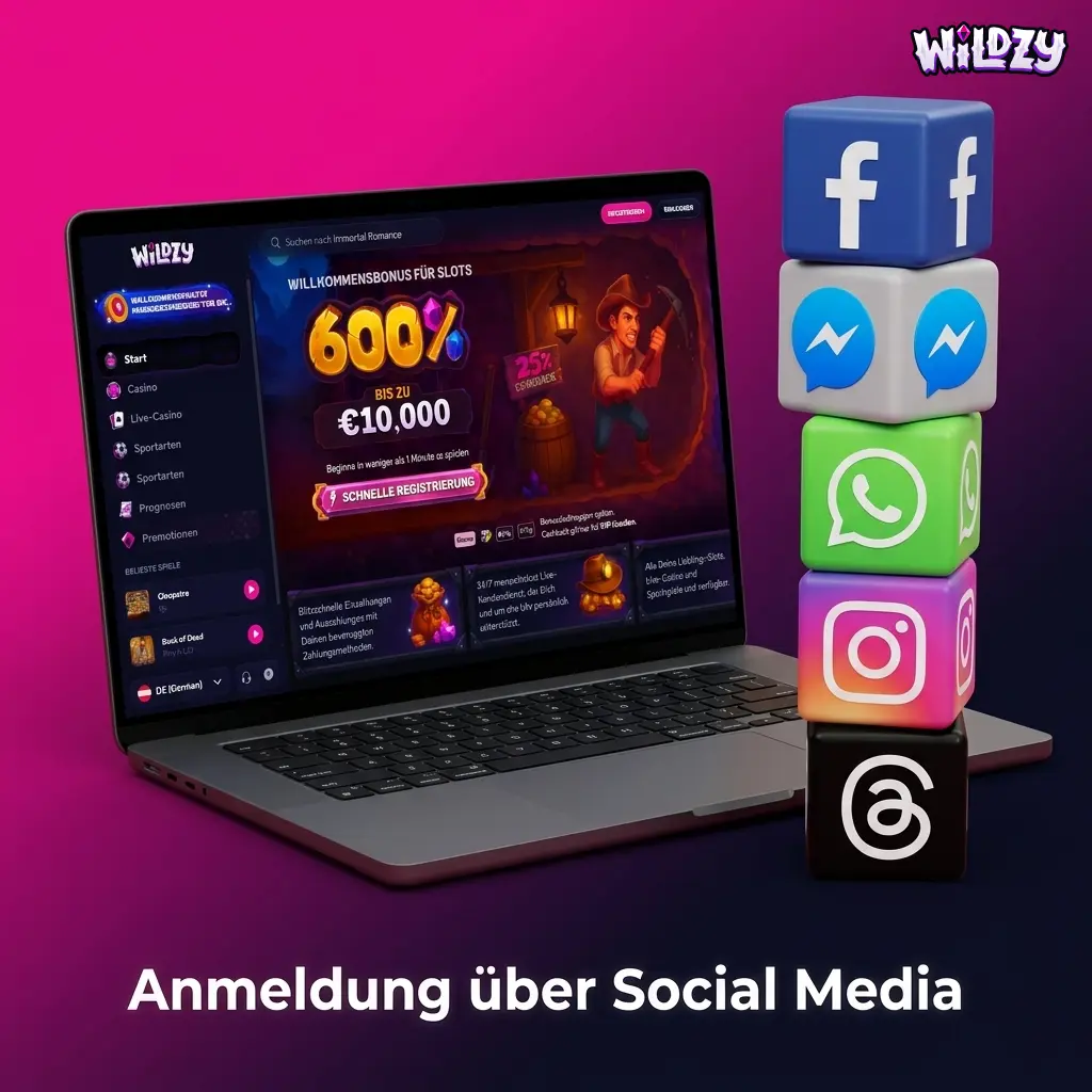 Wildzy-Anmeldung über Social Media wie Google oder Telegram mit Symbol-Klick im Login-Fenster