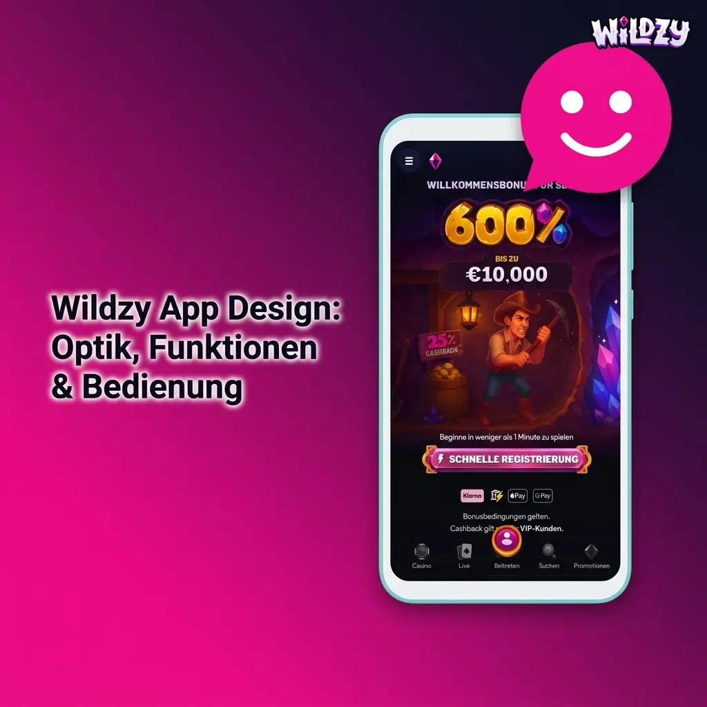 Wildzy App Design mit dunklem Farbschema in Tiefblau und Pink-Akzenten, optimiert für Touchscreens