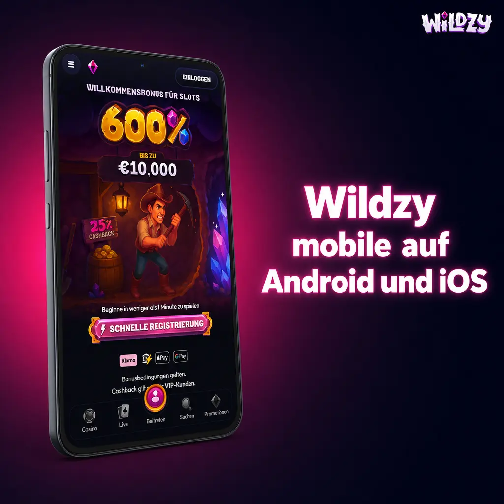 Wildzy mobile App für Android und iOS mit PWA, APK Download, Casino, Sportwetten und Kasse