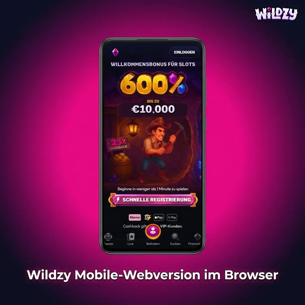 Wildzy mobile Webversion im Browser mit responsivem Design für Einzahlungen, Wetten und Spielauswahl