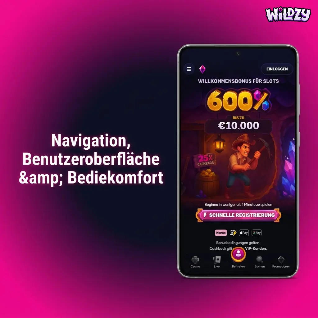 Mobilgerät zeigt App-Navigation mit unterer Menüleiste für Sport, Casino und Konto – einhändig bedienbar