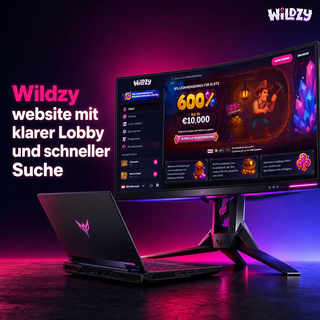 Wildzy Webseite mit dunkelblauer Lobby, pinken Akzenten, Suche, Kategorien und sichtbarer Wettscheinleiste